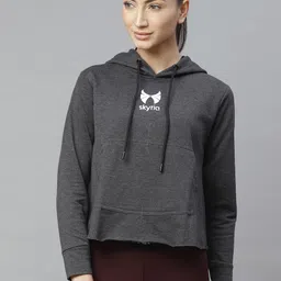 skyria Women Charcoal Grey Solid Styled Back Hooded Cropped Sweatshirt-picture-16
