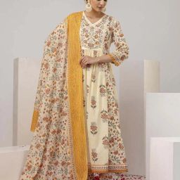 gulmohar jaipur Floral Print Flared Kurta with Pants & Dupatta image 1