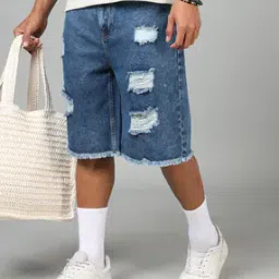 Shein Street Knee Length Frayed Hem Distressed Loose Fit Denim Shorts-image-79