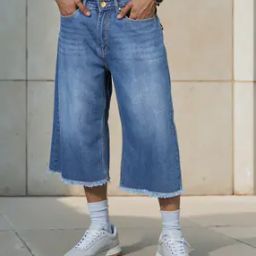 Shein Street Mid Calf Length Frayed Hem Loose Fit Denim Shorts-image-105