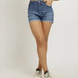 Shein Turn Up Frayed Hem Denim Shorts with Pockets-image-47