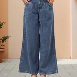 Shein Full Length Stone Wash Pleated Wide Leg Jeans-image-78