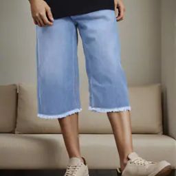 Shein Street Mid Calf Length Frayed Hem Loose Fit Denim Shorts-picture-32