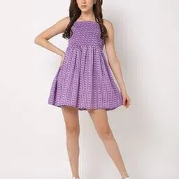 Printed Fit & Flare Dress with Smocking Yoke-image-46