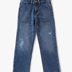 Girls Mid-Wash Distressed Straight Fit Jeans-image-60