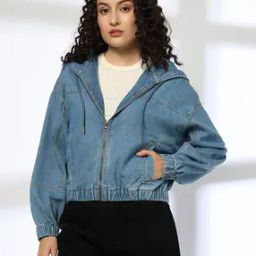 Women Lightly Washed Hooded Denim Jacket-image-40