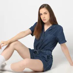 Chambray Washed Denim Puff Sleeves Romper-image-4