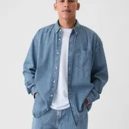 Men Washed Oversized Denim Big Shirt with Patch Pocket-image-21