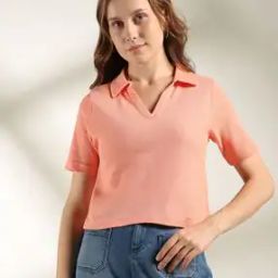 Women Basic Zenia Waffle Super Crop Polo T-Shirt-image-38
