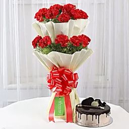 Two Layer Red Carnations Bouquet N Chocolate Cake Combo-14