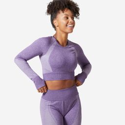 Long-Sleeved Cropped Seamless Fitness T-Shirt - Aubergine Purple-image-25