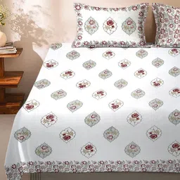 eyda White & Maroon Floral 210 TC King Bedsheet with 2 Pillow Covers-image-21