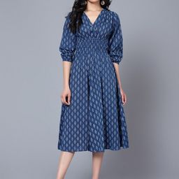 Femvy Ethnic Motifs Print Puff Sleeve Smocked Fit & Flare Midi Dress-image-91