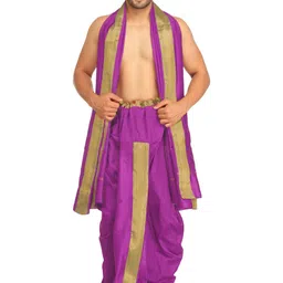 Exotic India Art Silk Dhoti and Angavastram Set with Wide Golden Border (Ready to Wear)-image-87
