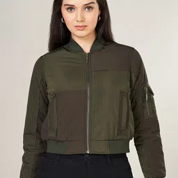 SF JEANS by Pantaloons Women Colourblocked Crop Bomber with Patchwork Jacket-image-9
