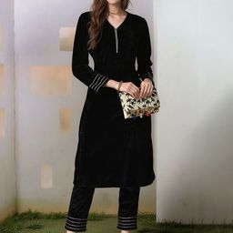 HERE&NOW Straight Velvet Kurta With Trousers-image-30
