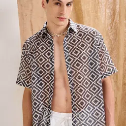 MASCLN SASSAFRAS Geometric Printed Spread Collar Relaxed Fit Shirt-image-64