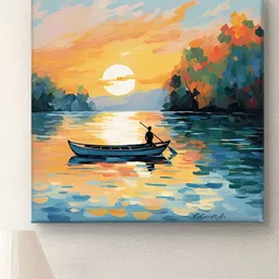 Livin'luxe Yellow & Green Abstract Boat In River Canvas Wall Art-47