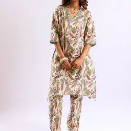 FEATHERS CLOSET Palm Leafs Printed Lace Cotton Long Co-Ord Set-image-84