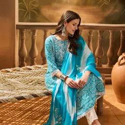 Sangria Women Bandhani Printed & Embroidered Anarkali Kurta With Trousers & Dupatta Set-2