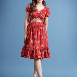 BEING NAUGHTY Women Floral Printed V-Neck Puff Sleeve Fit & Flare Dress-image-69