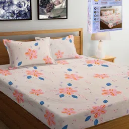 FABINALIV Pink & Blue Floral 300 TC King Bedsheet with 2 Pillow Covers-image-86