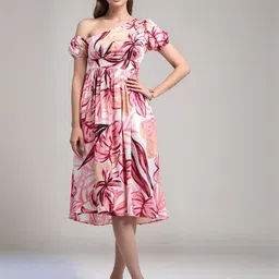 DressBerry Women Floral Print Off-Shoulder Crepe Fit & Flare Dress-picture-16