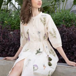 ZUMMER Tropical Embroidered Puff Sleeve Fit & Flare Dress-image-75