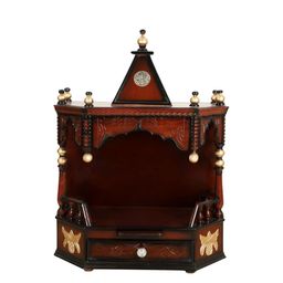 DZYN Furnitures Brown & Yellow Wooden Anugrah Wall Mount Pooja Mandir-image-26