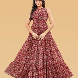 ODD BY chansi TRENDZ Women Ethnic Motifs Print Tie-Up Neck Maxi Fit & Flare Dress-image-49