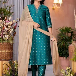 Juniper Floral Printed V-Neck Straight Kurta With Trousers & Dupatta-31