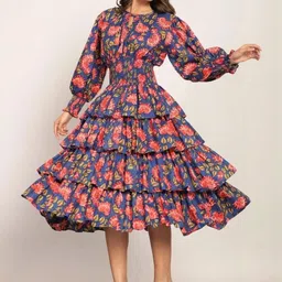 LERIYA FASHION Pink Floral Print Keyhole Neck Fit & Flare Midi Dress-picture-36