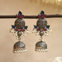 NAMAN ARTS Silver-Plated Artificial Stones Studded & Beaded Oxidised Dome Shaped Jhumkas-20