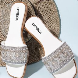 CORSICA Women White Silver Ethnic Embellished Open Toe Flats-picture-21