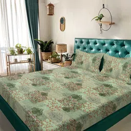 KLOTTHE Green Floral Printed 300 TC Double Bedsheet Set - 2.70 x 2.70 m-image-76