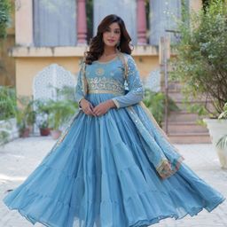 Tilton Women Floral Embroidered Sequined Round Neck Tiered Ethnic Dress with Dupatta-image-69
