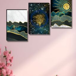 SAF Blue & Gold-Toned 3 Pieces Tree & Sun Printed Wooden Wall Art-image-76