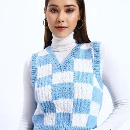 Sugercandy Women Checked Woollen Sweater Vest-image-2