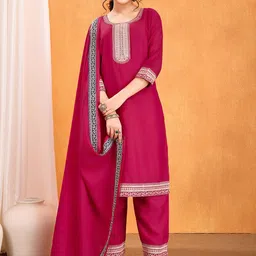 Sitanjali Women Ethnic Motifs Yoke Design Regular Thread Work Pure Silk Kurta with Trousers & With Dupatta-image-17