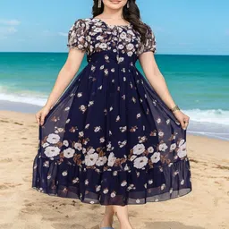 MISS CLOTHING Floral Print Keyhole Neck Puff Sleeve Layered Georgette A-Line Midi Dress-image-24