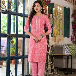Juniper Women Floral Printed Regular Pure Cotton Kurta with Trousers-38