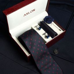 Axlon Men Geometric Tie, Cufflinks, Flower Pin & Pocket Square Accessory Gift Set-image-61