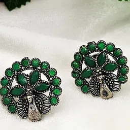 Yash Jewels Emporiums Silver-Plated Artificial Stones Studded Floral Shaped Oxidized Studs-46