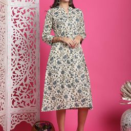 KALINI Floral Printed Mandarin Collar Pure Cotton A-Line Dress-image-41