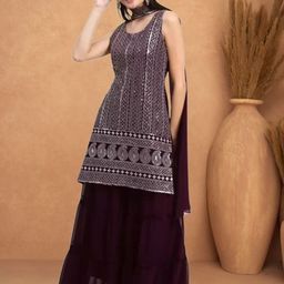 PARROT CREATION Geometric Embroidered Georgette Straight Kurti With Sharara And Dupatta image 4