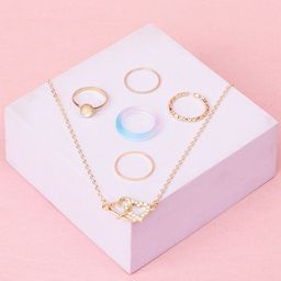 SALTY Set Of 5 Rings With Hearts & Sunshine Pendant Chain Jewellery Set-image-99