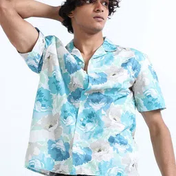Espanshe Floral Printed Cuban Collar Pure Cotton Shirt-image-66