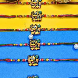 ORANGENYSHA Set Of 6 American Diamond Studded & Beaded Meenakari Thread Rakhis-image-58