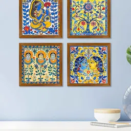 ArtVibes Yellow & Blue 4 Pieces Madhubani Printed Wooden Paintings Wall Art-picture-56