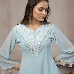 CHHAAP Floral Embroidered Round Neck Beads And Stones A-Line Kurta With Palazzos-image-31